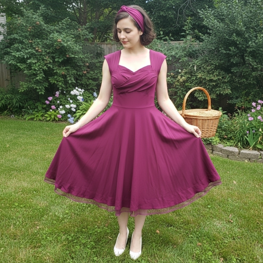 MUXXN Retro Magenta Pinup Swing Dress w/ Tulle Trim | L